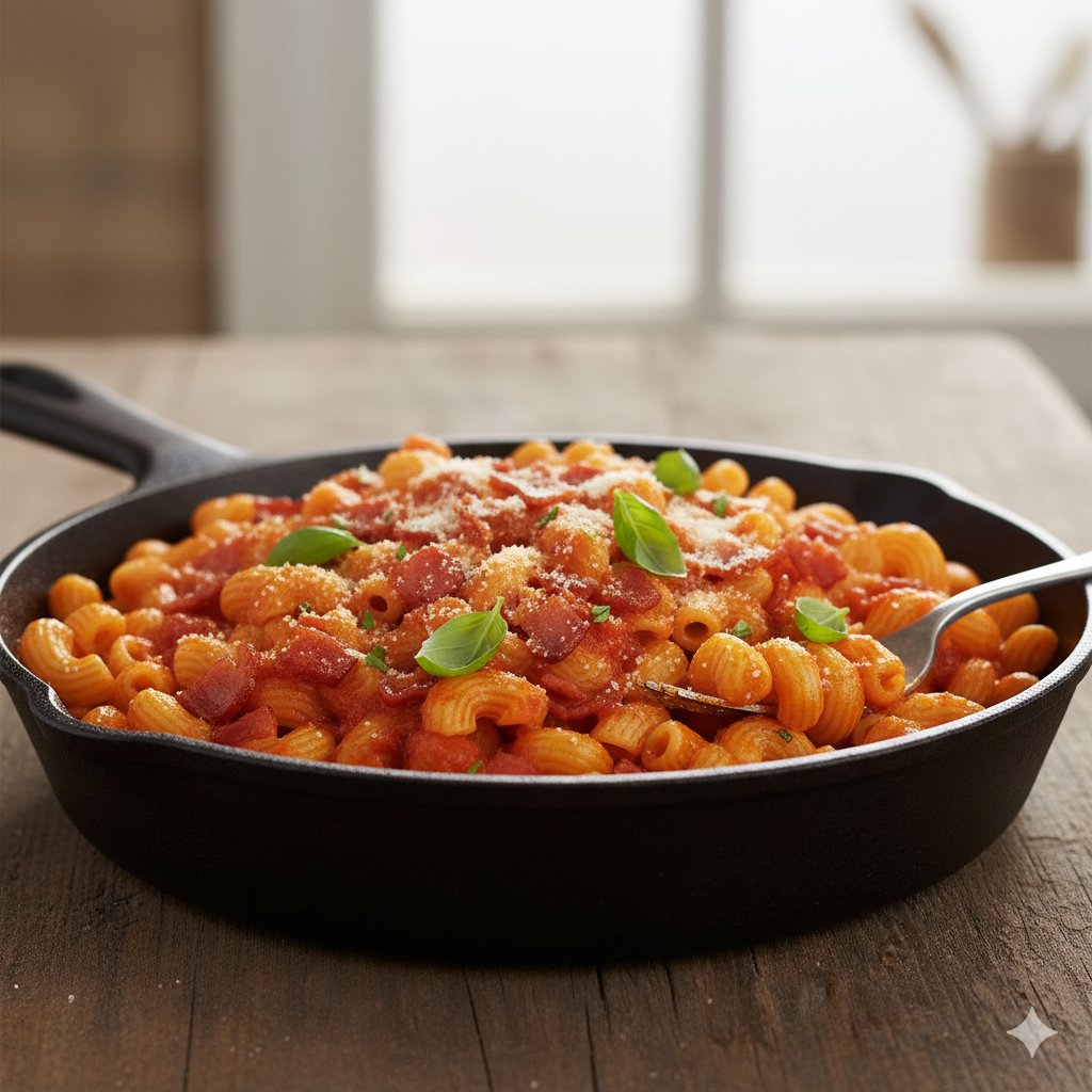 Macarrones con tomate y bacon